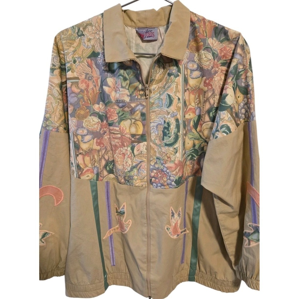 Vintage 90s Country Stitches Art Jacket Birds Floral Tapestry Windbreaker L